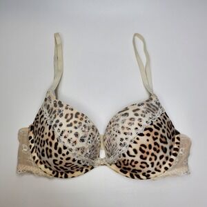 Victorias Secret Leopard Print Padded Demi Bra Lace Trim Tan 34C
